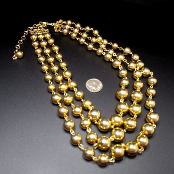 Vintage Gold Bead Three Strand Necklace, Wire Wrapped, 1950s, 18 Inches - Picture 5 of 7